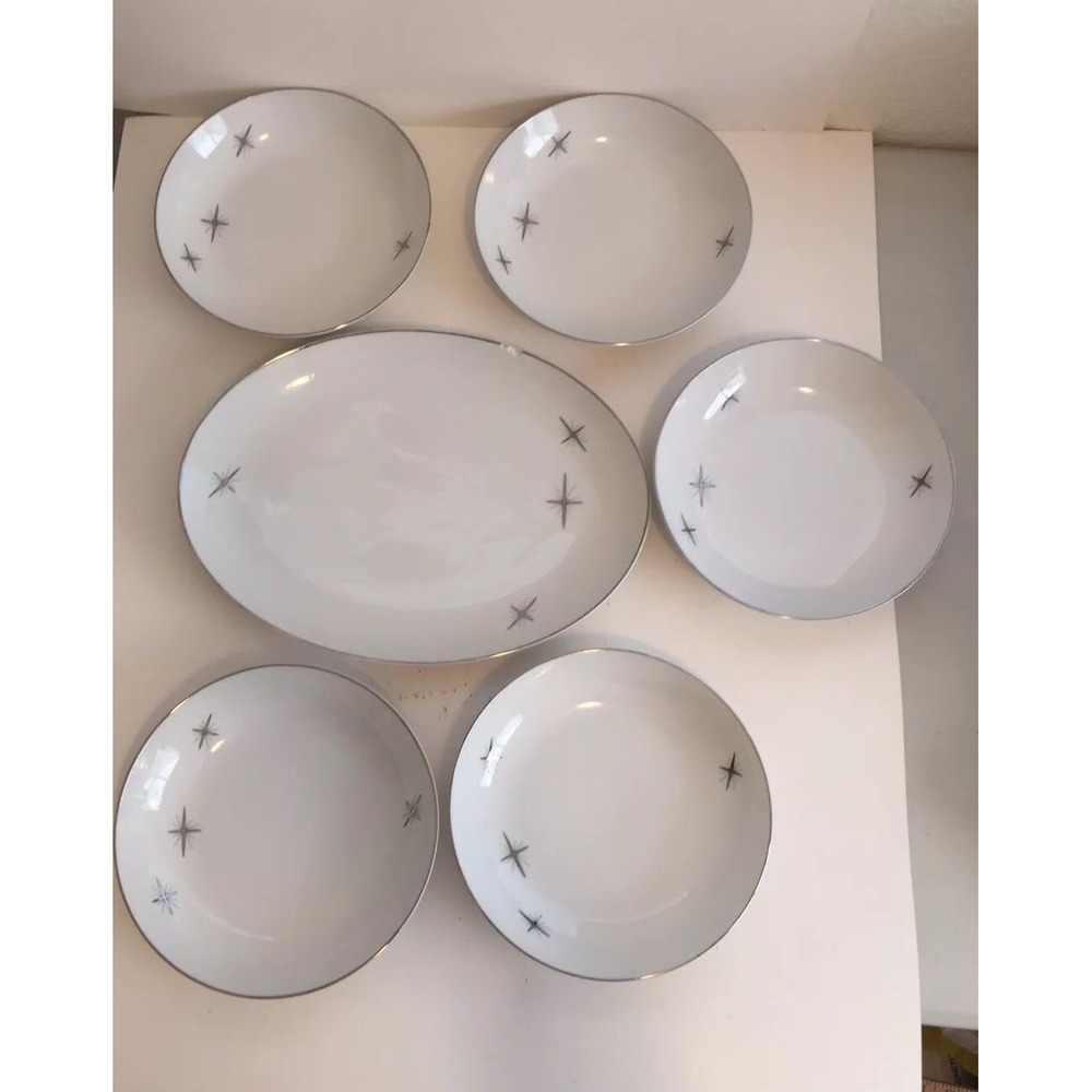 Vintage Atomic Fukagawa Arita hand painted china - Pattern 713 platter w/5 bowls